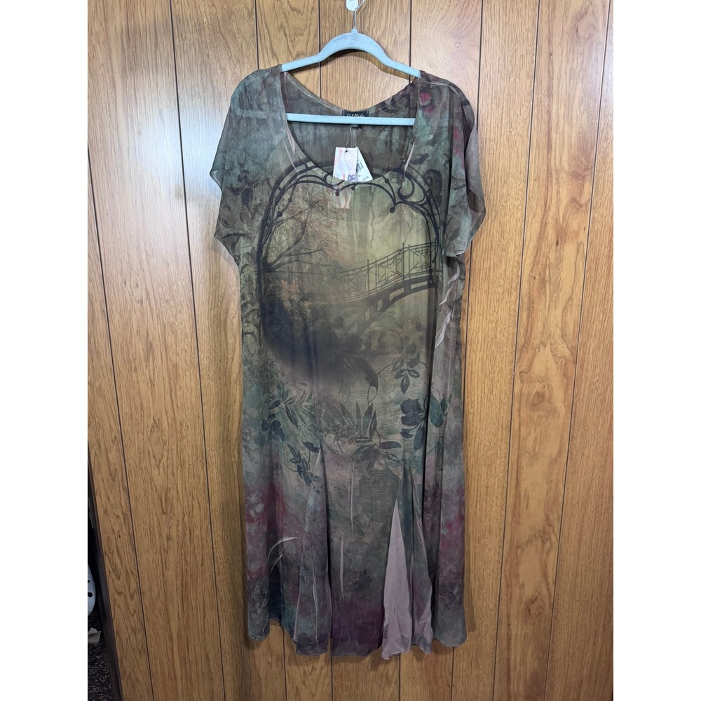 Cal Style USA Sheer Mesh Landscape Print Midi Dress with Slip XL NWT Earth Tones